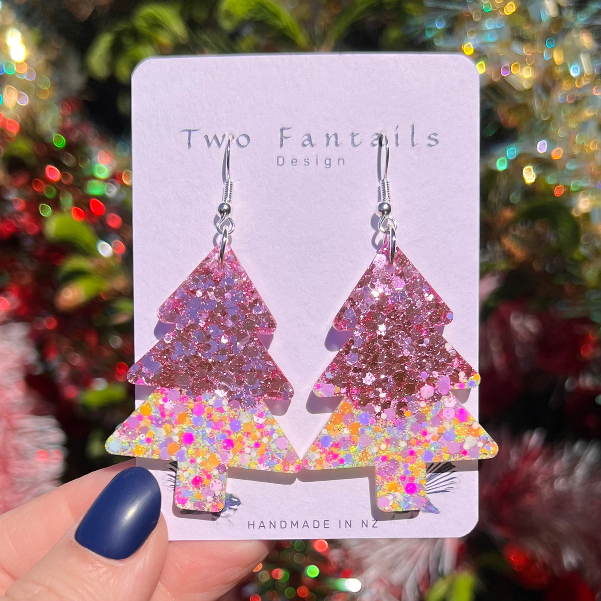 Mega Sugarplum – Pink Glitter Christmas Trees handmade oversized Christmas tree earrings