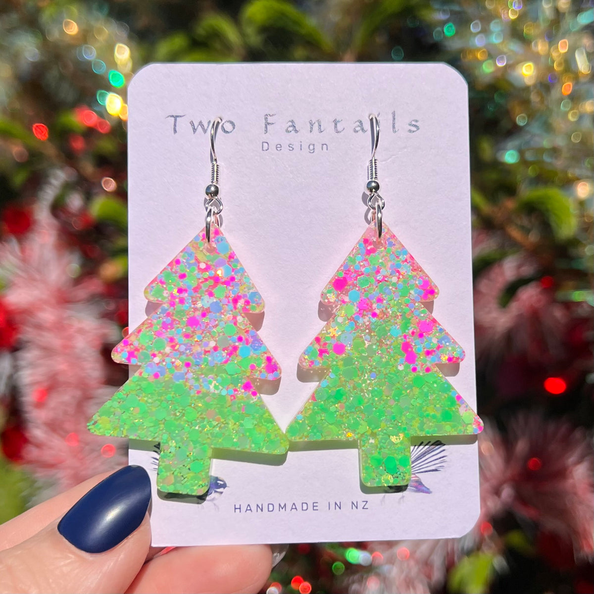 Mega Lime Fizz oversized lime green pink and blue glitter Christmas tree earrings