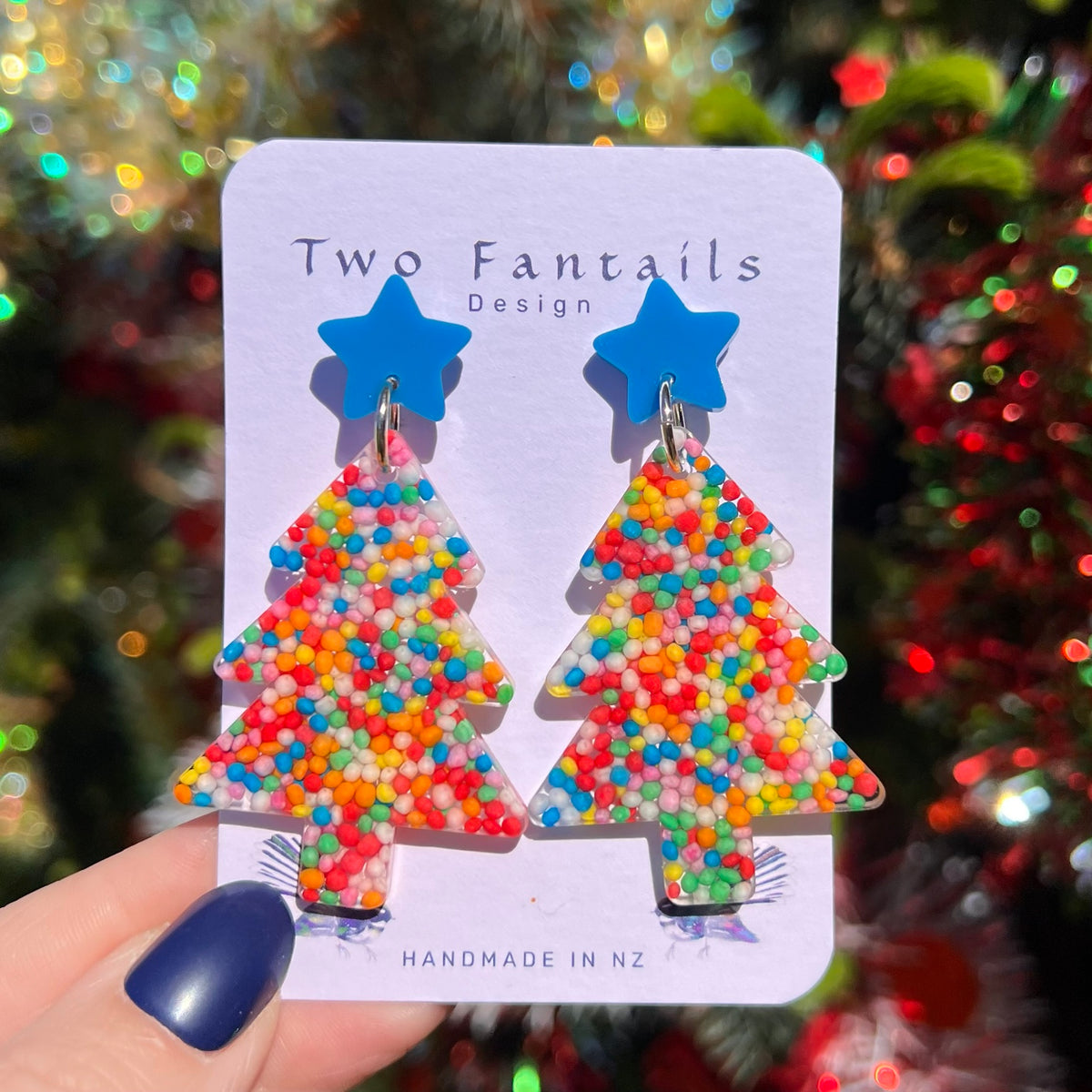 Mega Rainbow Sprinkles – Blue Star Christmas Tree Stud Dangles