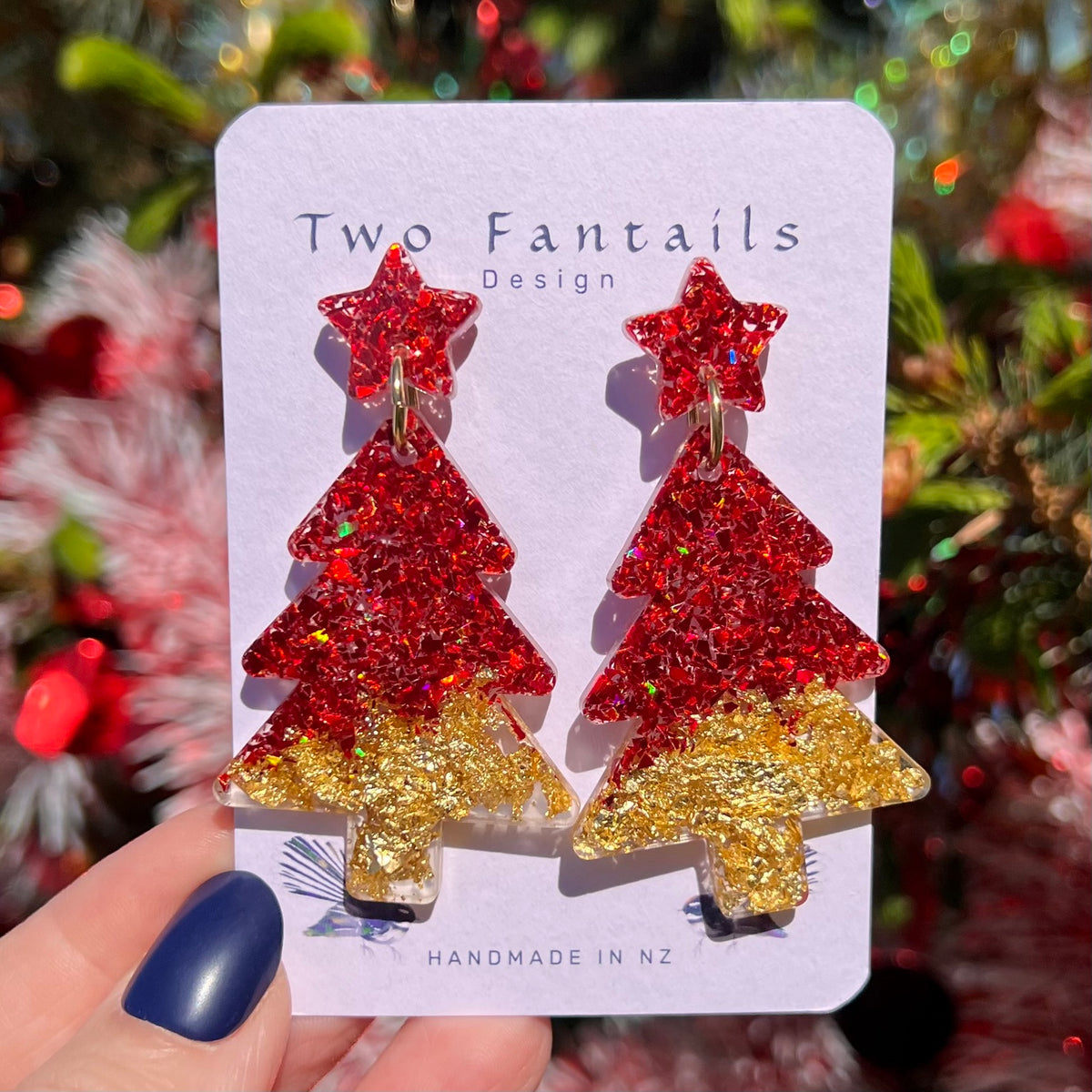 Mega Ruby Glow – Red & Gold Christmas Tree Stud Dangles