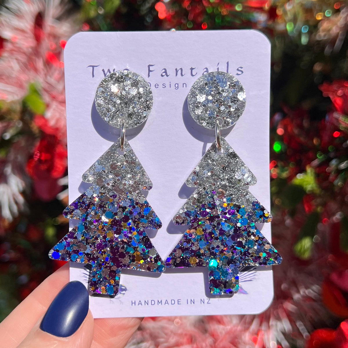 Mega Midnight Frost – Silver & Blue Christmas Tree Stud Dangles