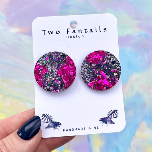 Pink, silver and multicolour glitter oversized round stud earrings