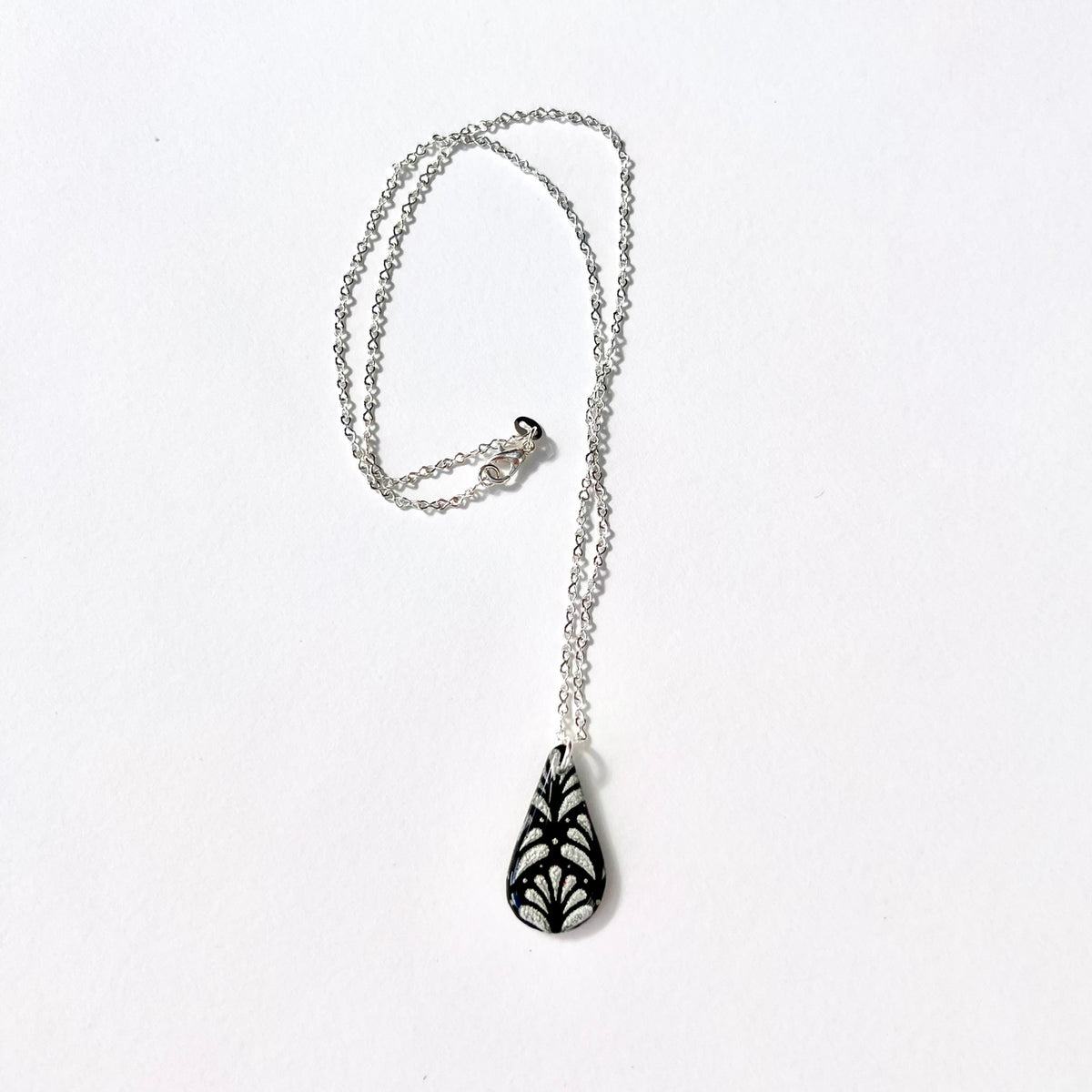 Full Midnight Deco black and silver teardrop necklace with silver chain