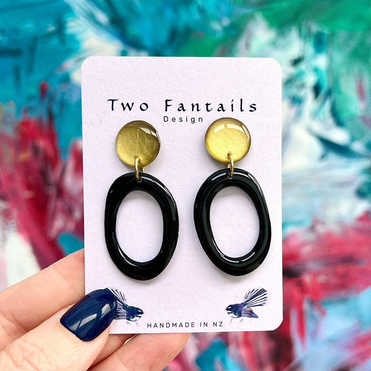 Midnight Muse black and gold open oval drop earrings handmade by Two Fantails Design