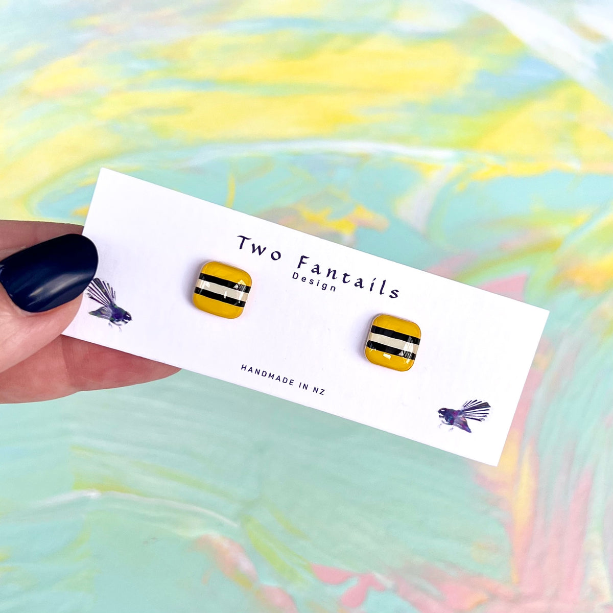 Mini Licorice Allsort Yellow striped square stud earrings handmade by Two Fantails Design