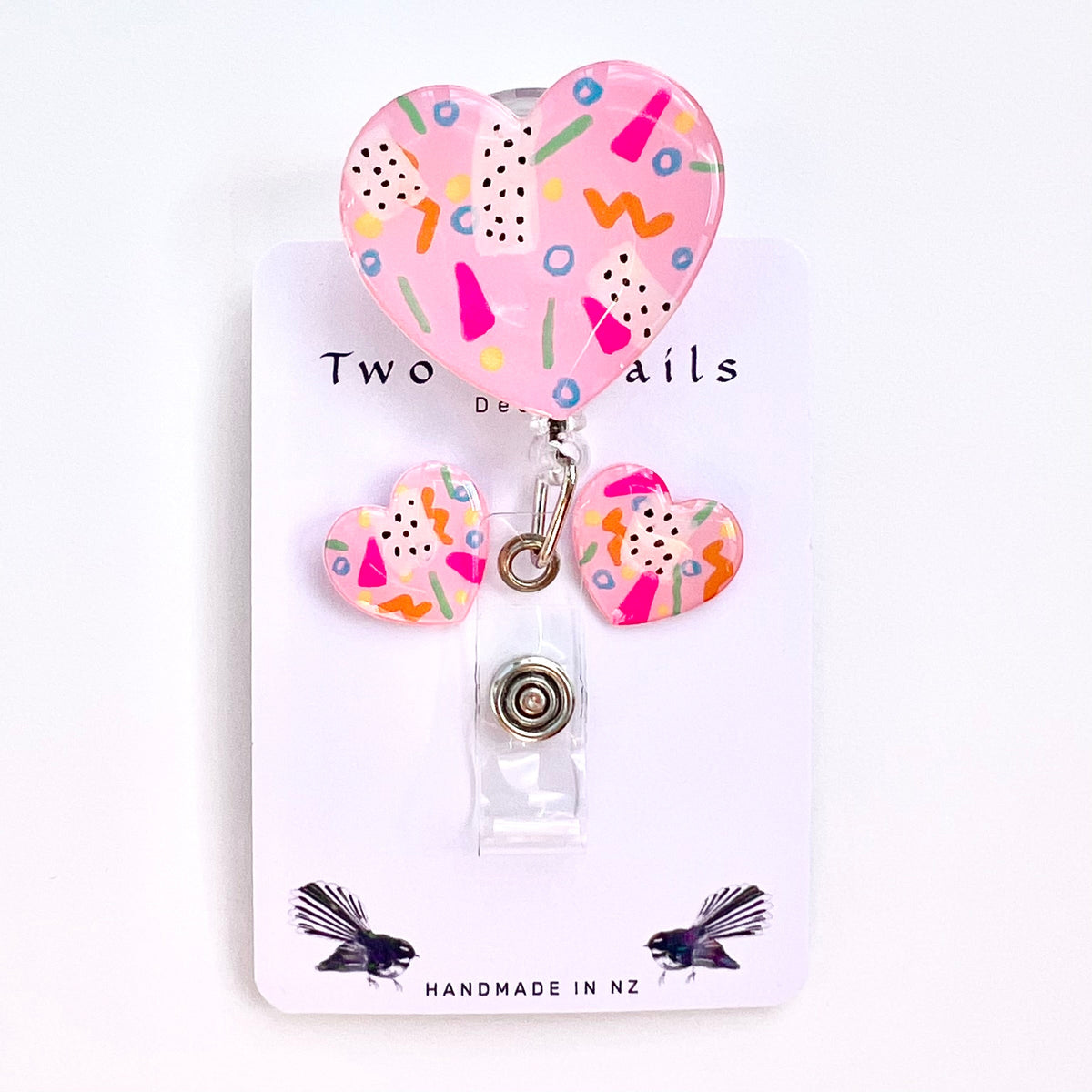 Pink Party heart badge reel and matching stud earrings