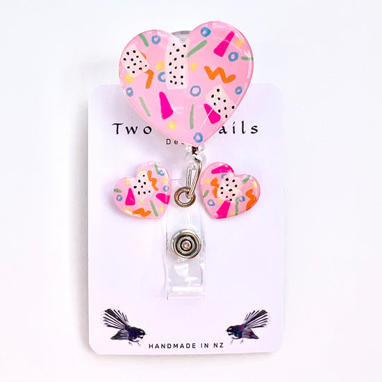 Pink Party heart badge reel and matching stud earrings