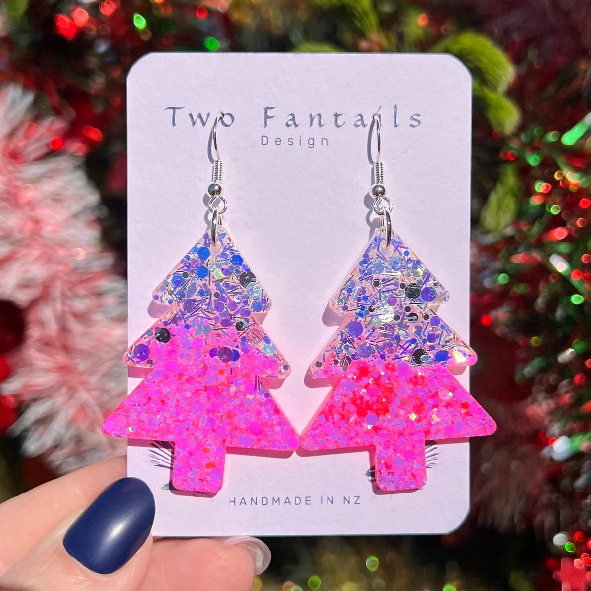 Pink glitter Christmas tree dangle earrings with iridescent confetti and silver hooks