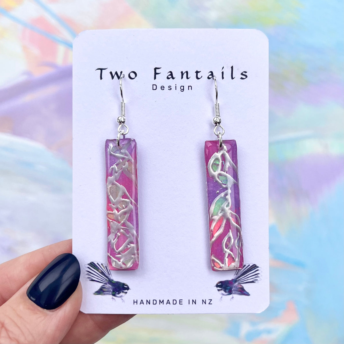 Pink and lilac rectangular handmade earrings with silver abstract squiggle detailing