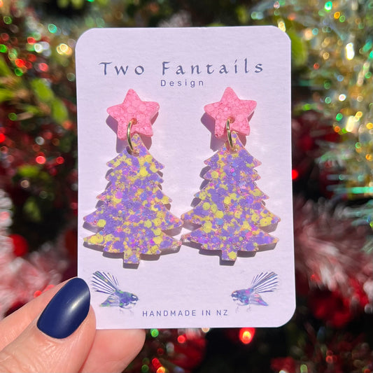 Pastel lilac and yellow confetti glitter Christmas trees with textured pink star studs