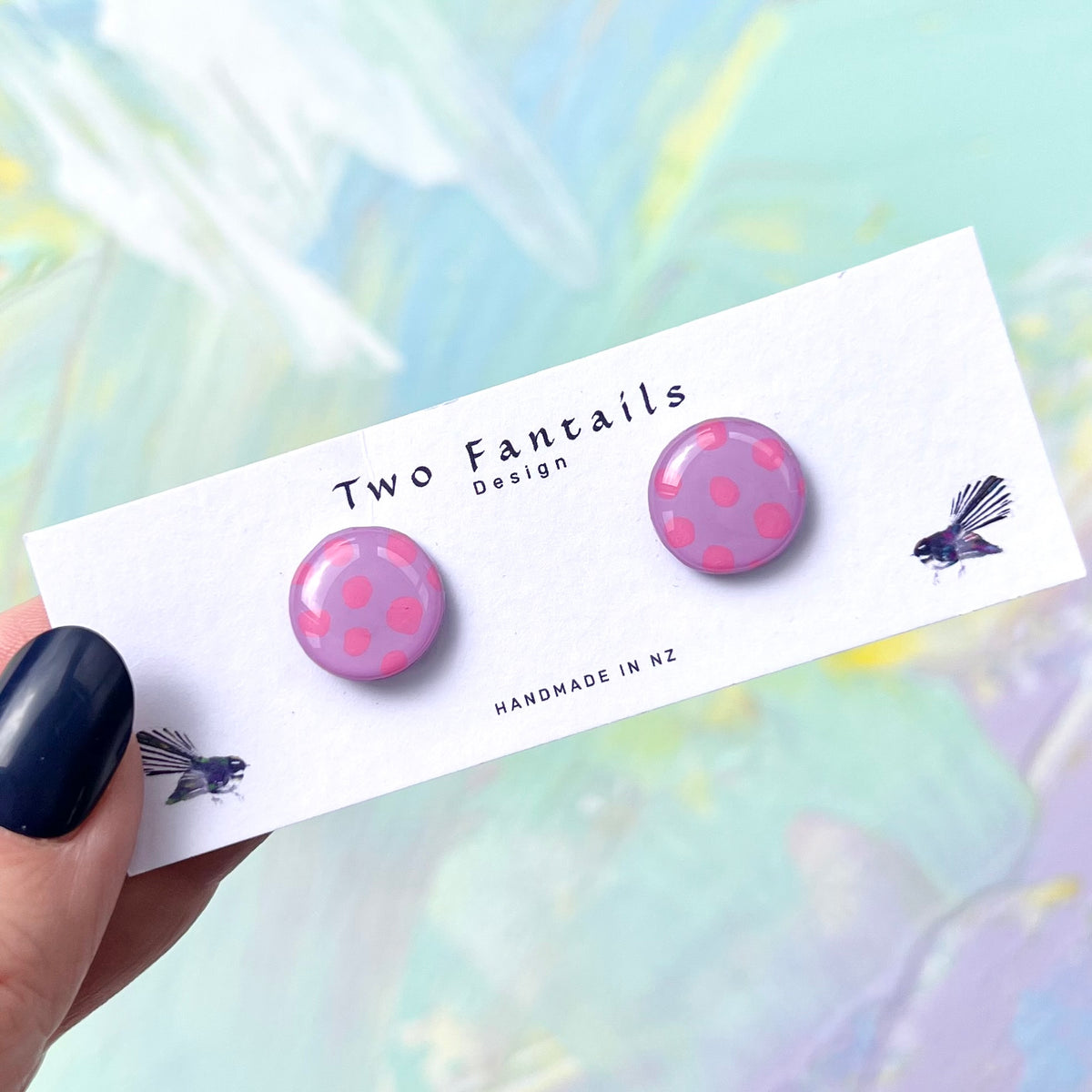 Lilac round stud earrings with bright pink polka dots, handmade by Two Fantails Design