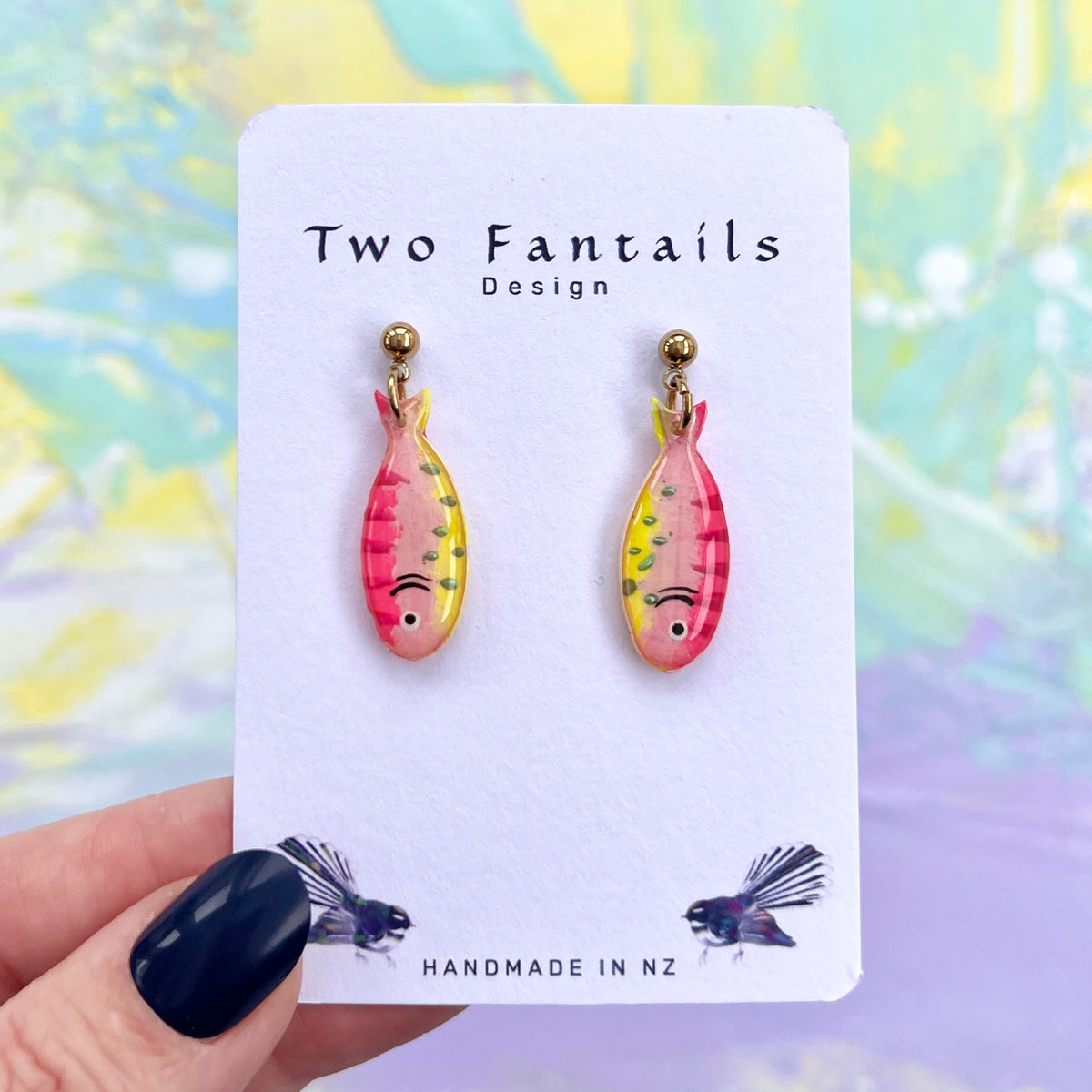 Small pink and yellow hand-painted sardine fish dangle earrings with gold-tone ball studs