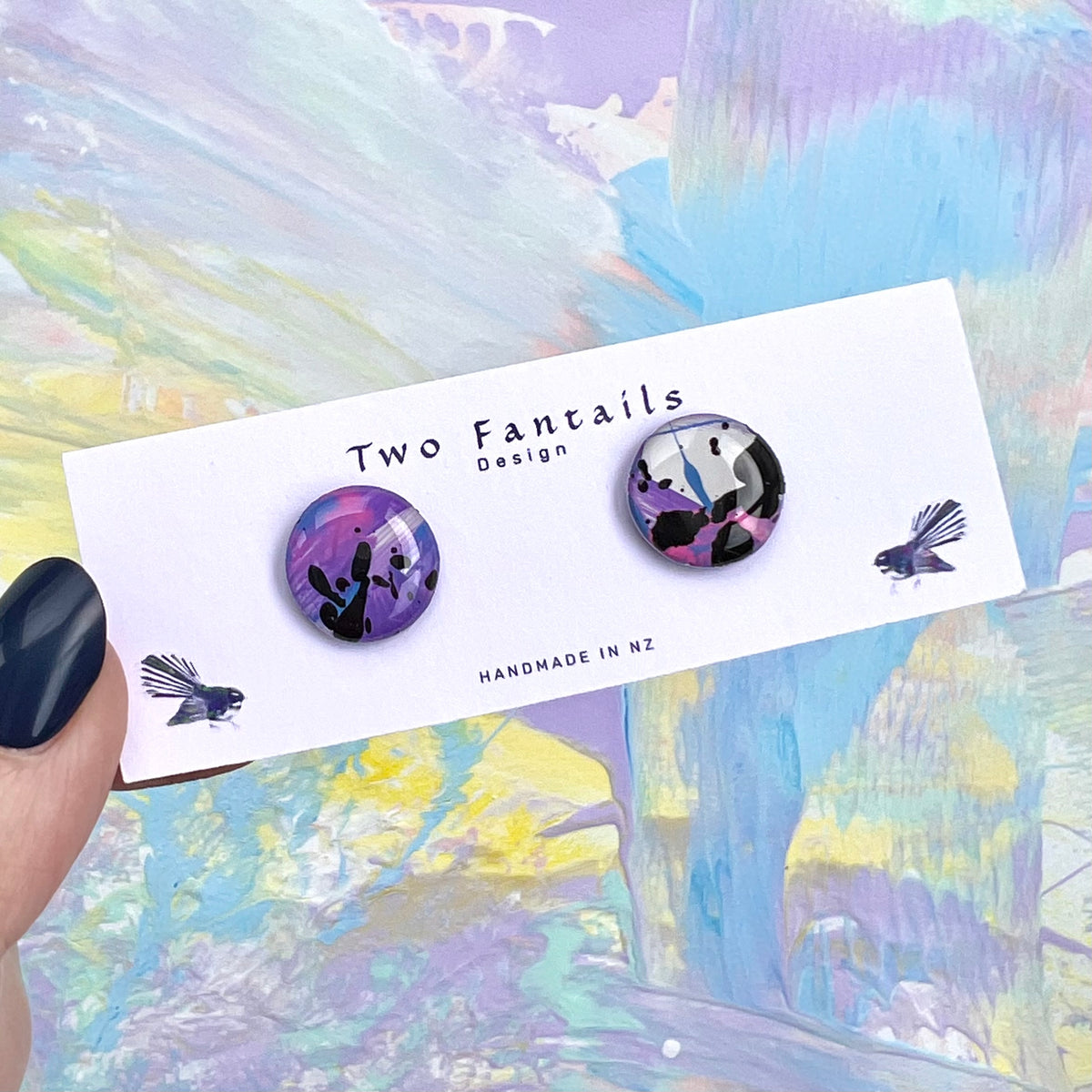 Purple blue pink black abstract hand-painted round stud earrings