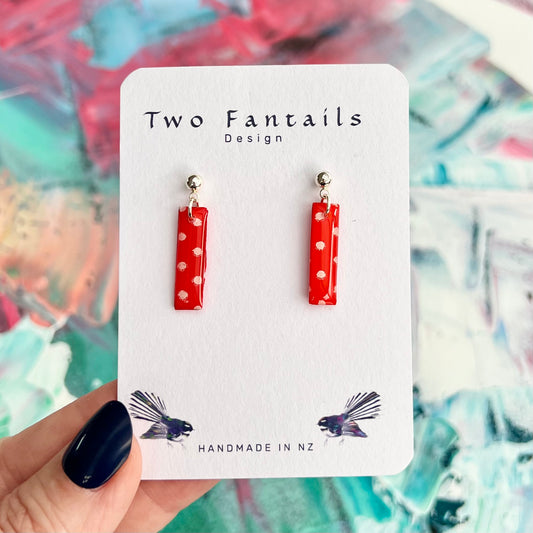 Red hand-painted polka dot slim bar dangle earrings with silver-tone ball studs