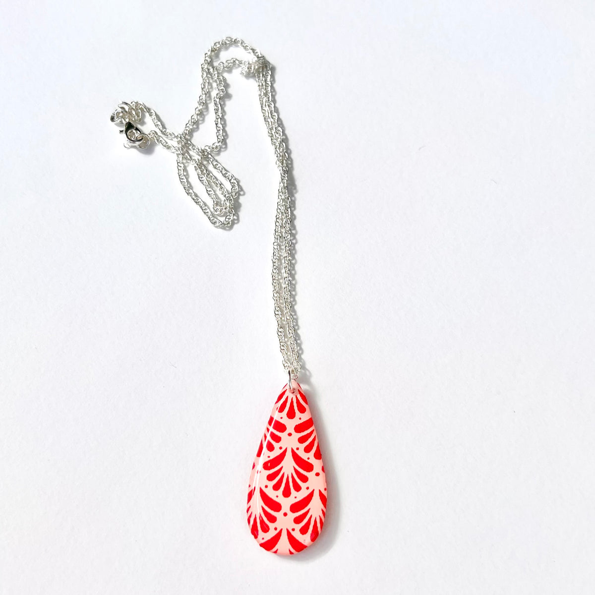 Scarlet Sprig red and pink botanical teardrop necklace full view