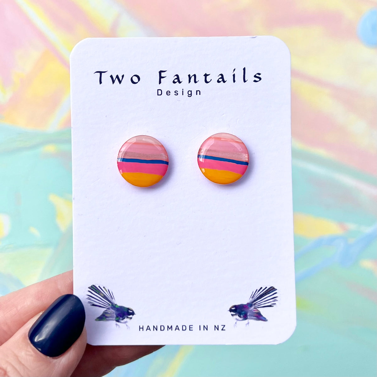 Pink orange and navy striped handmade round stud earrings