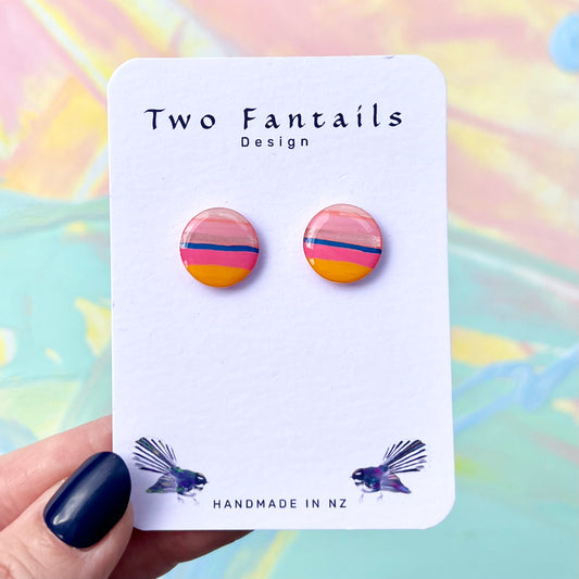 Pink orange and navy striped handmade round stud earrings