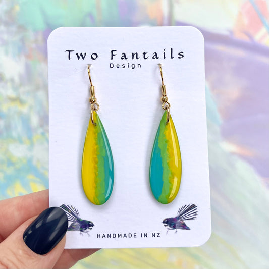 Yellow turquoise and green hand-painted long teardrop earrings with gold-tone hooks