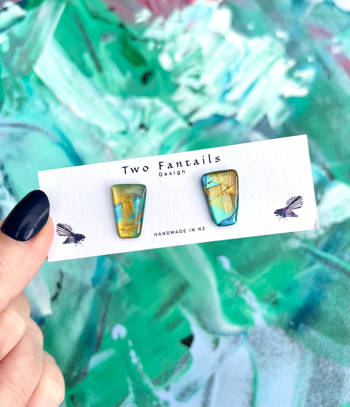 Hand-painted turquoise teal and metallic gold abstract trapezoid stud earrings