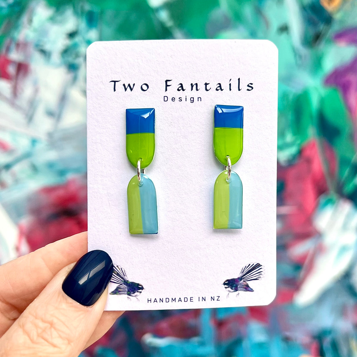 Colour Me Happy blue lime green and aqua geometric colour-block dangle earrings by Two Fantails Design