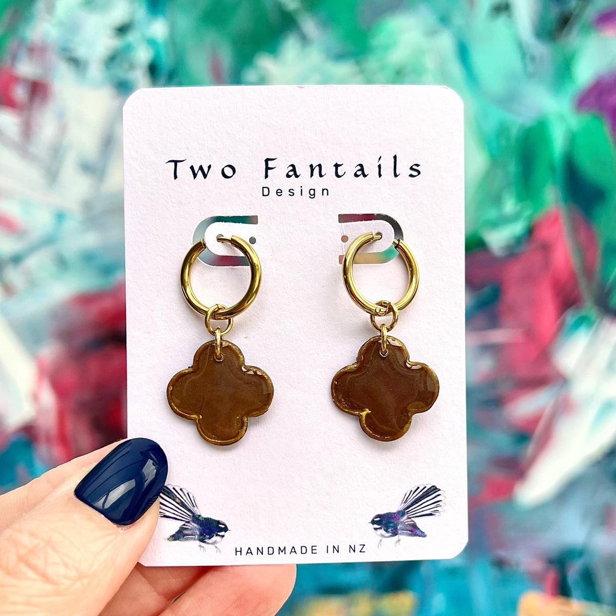 Caramel Crush glossy brown clover flower charm earrings with gold-tone hoops