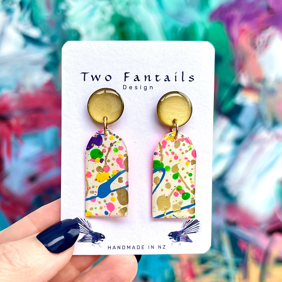 Confetti Chaos handmade colourful abstract paint splatter arch earrings with gold-coloured round studs