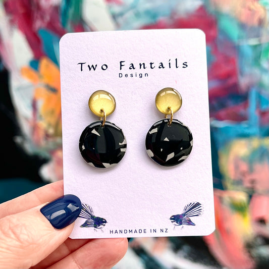 After Dark black and white flecked circle drop earrings with gold round studs