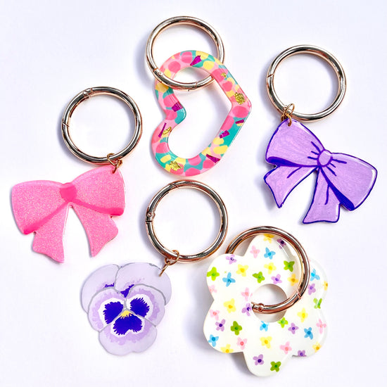 Five colourful handmade keyrings by Two Fantails Design