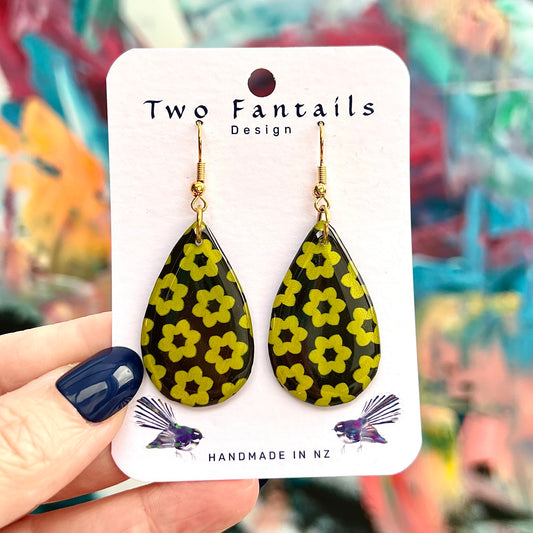 Flower Power lime floral black teardrop earrings with gold-tone hooks