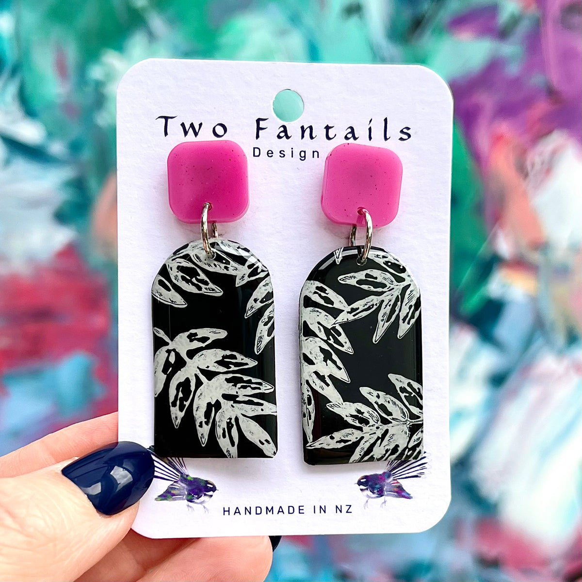 Pink After Dark handmade pink stud and black botanical arch drop earrings