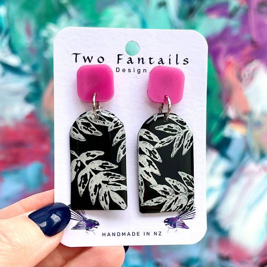 Pink After Dark handmade pink stud and black botanical arch drop earrings