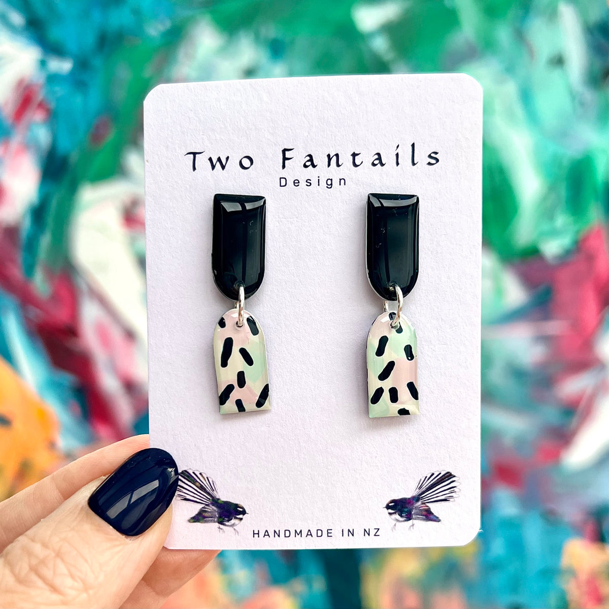 Spot the Difference black and pastel spotted handmade dangle earrings