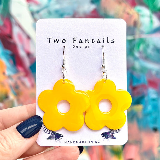 Hello Sunshine bright yellow open centre flower dangle earrings with silver-tone hooks