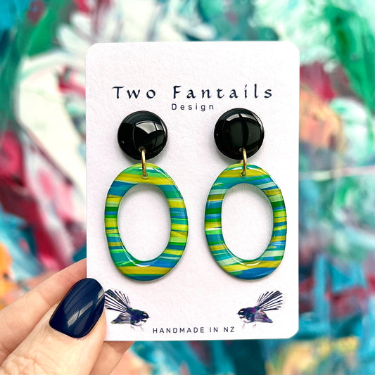 Stripe Me Happy colourful blue green and yellow striped oval dangle earrings with black studs