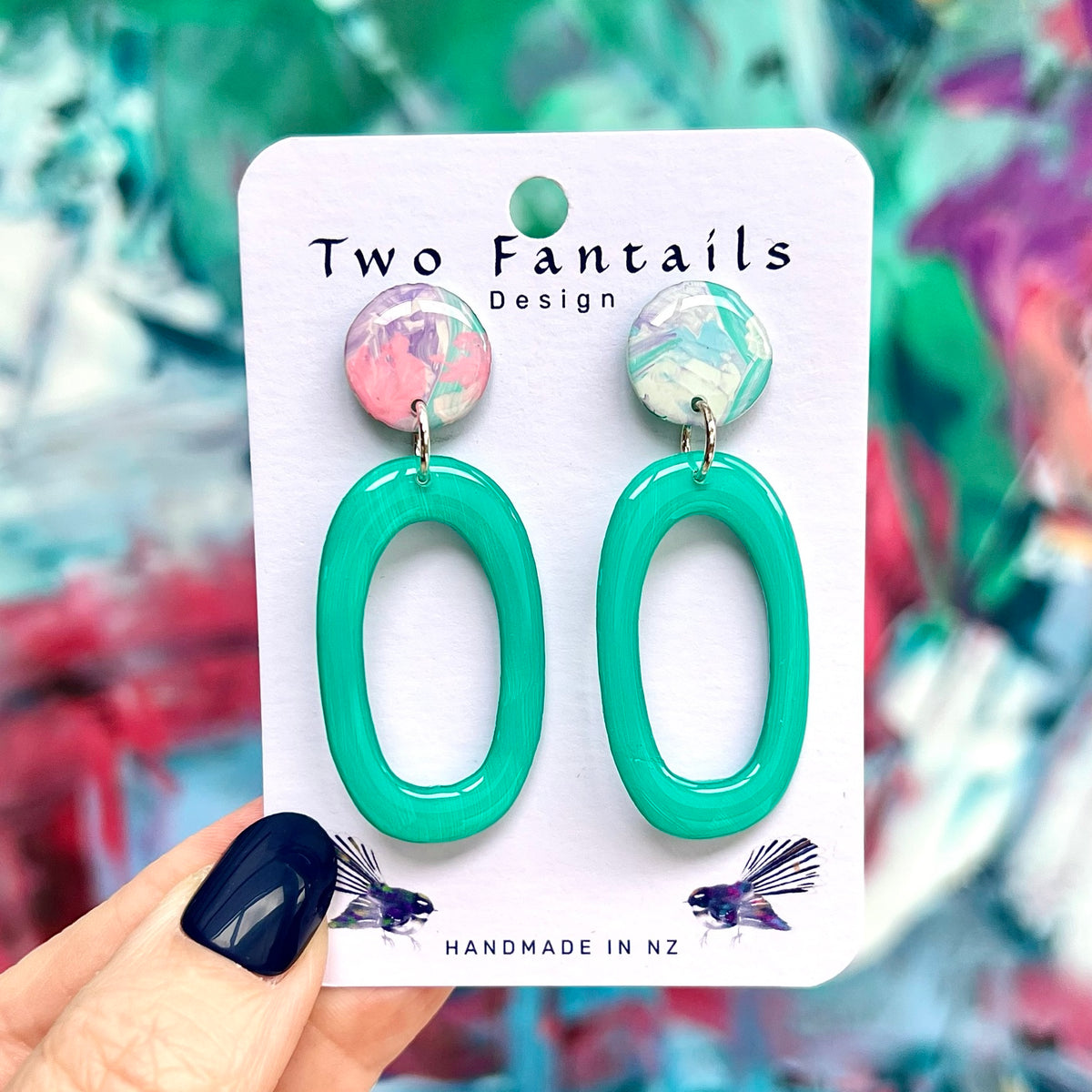 Turquoise Daydream turquoise open oval earrings with multicoloured pastel painted round studs