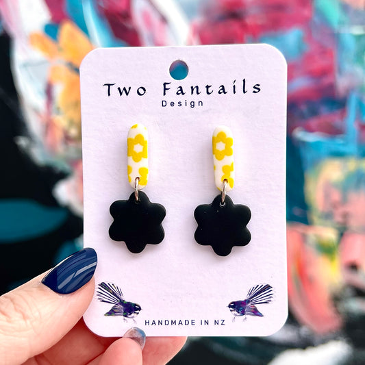 Daisy After Dark handmade polymer clay yellow flower stud and matte black flower dangle earrings
