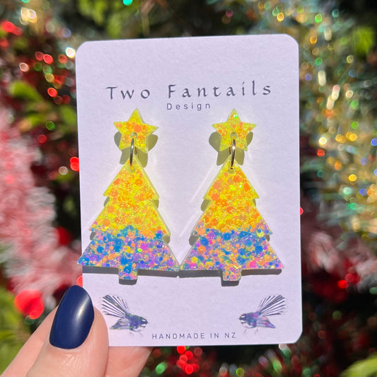 Bright yellow and rainbow glitter Christmas trees with matching yellow glitter star studs